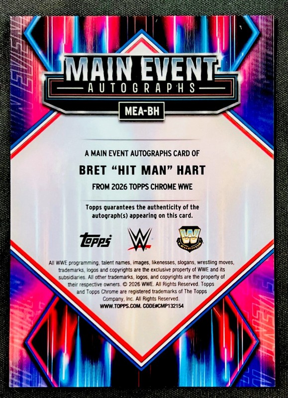 2026 Topps Chrome WWE Bret Hit Main Event Gold Geo Auto Autograph 15/50 SSP !! view 2