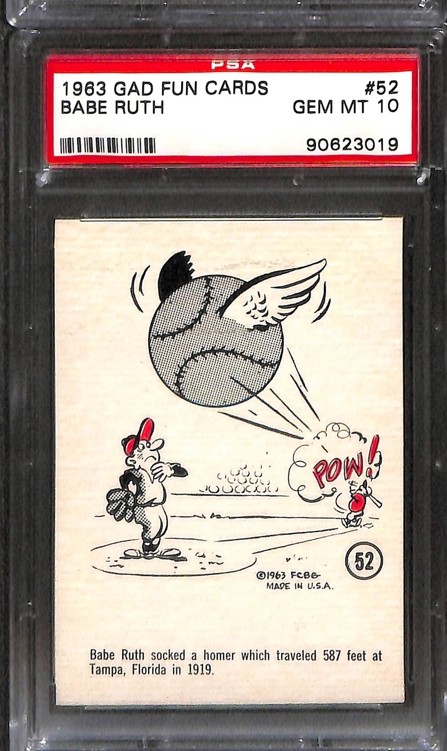 1963 GAD FUN CARDS #52 BABE RUTH PSA 10 GEM-MT 90623019 