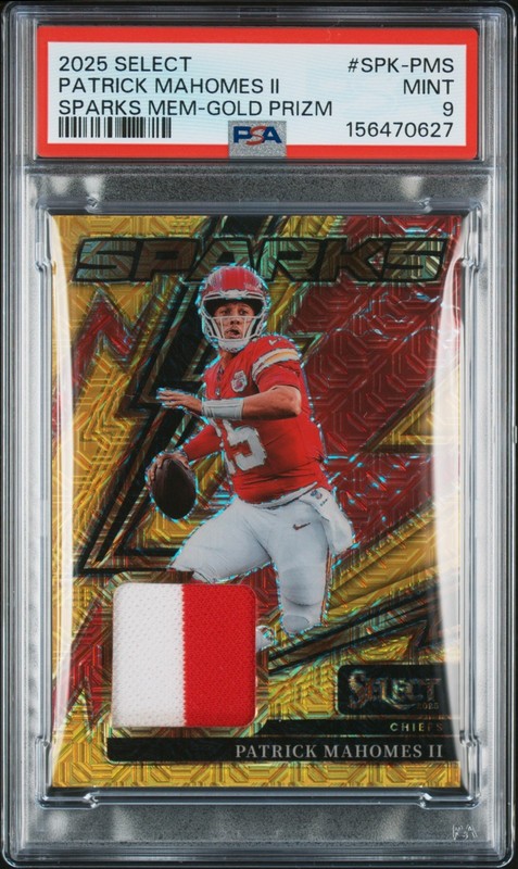 2025 Select Sparks Patrick Mahomes Gold 9/10 Patch Relic SPK-PMS Two Color PSA 9