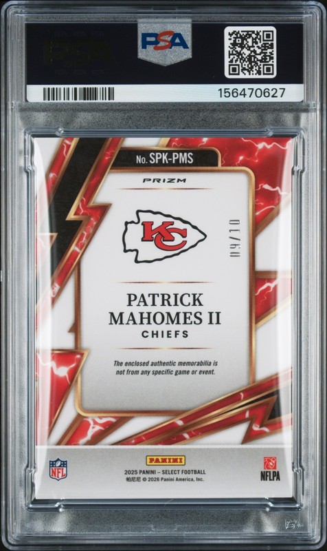 2025 Select Sparks Patrick Mahomes Gold 9/10 Patch Relic SPK-PMS Two Color PSA 9 view 2