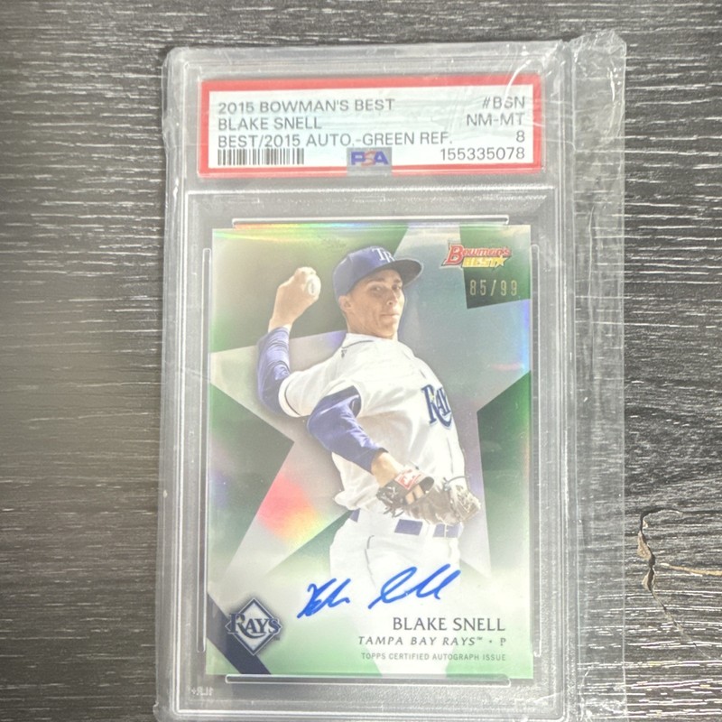 Topps 2015 Bowman's Best Blake Snell RC Auto Green Refractor /99 PSA 8 B15-BSN