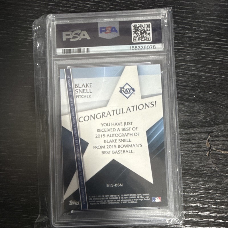 Topps 2015 Bowman's Best Blake Snell RC Auto Green Refractor /99 PSA 8 B15-BSN view 2