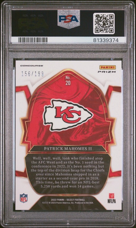 2022 Select Patrick Mahomes Blue Prizm 156/199 PSA 10 view 2