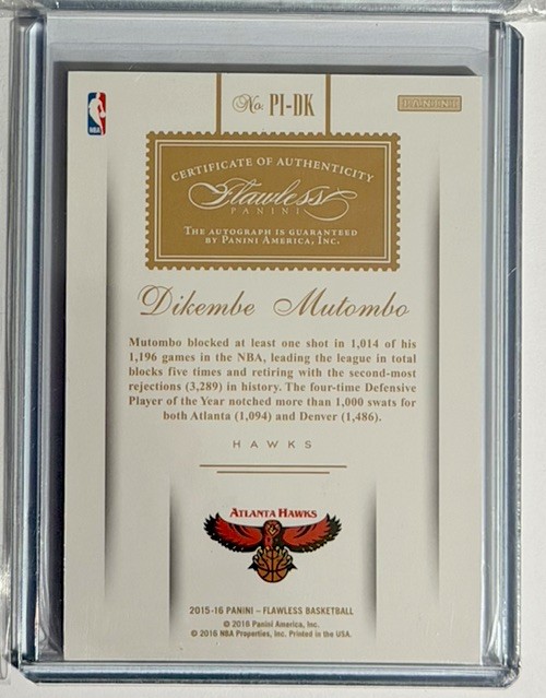 2015-16 Panini Flawless Dikembe Mutombo Premium Ink Ruby Autograph Auto #05/15 view 2