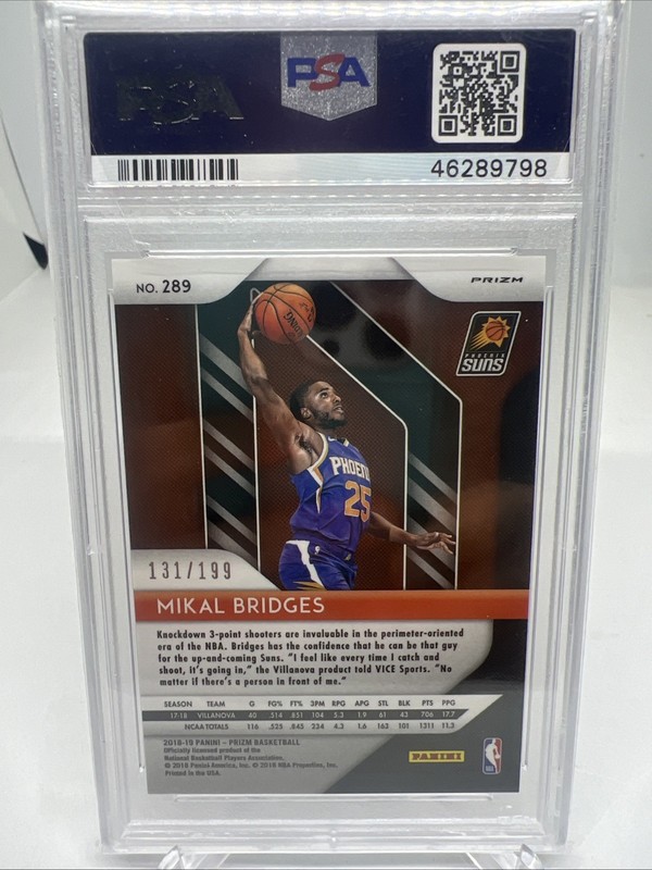 2018-19 Panini Prizm MIKAL BRIDGES BLUE Prizm /199 RC #289 PSA 10 KNICKS view 2