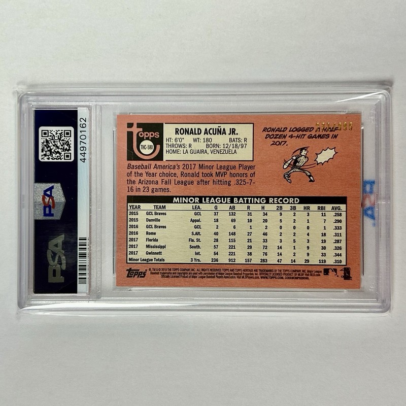 2018 Topps Heritage Ronald Acuna Jr. RC Rookie Chrome #THC-580 /999 PSA 10 GEM view 2