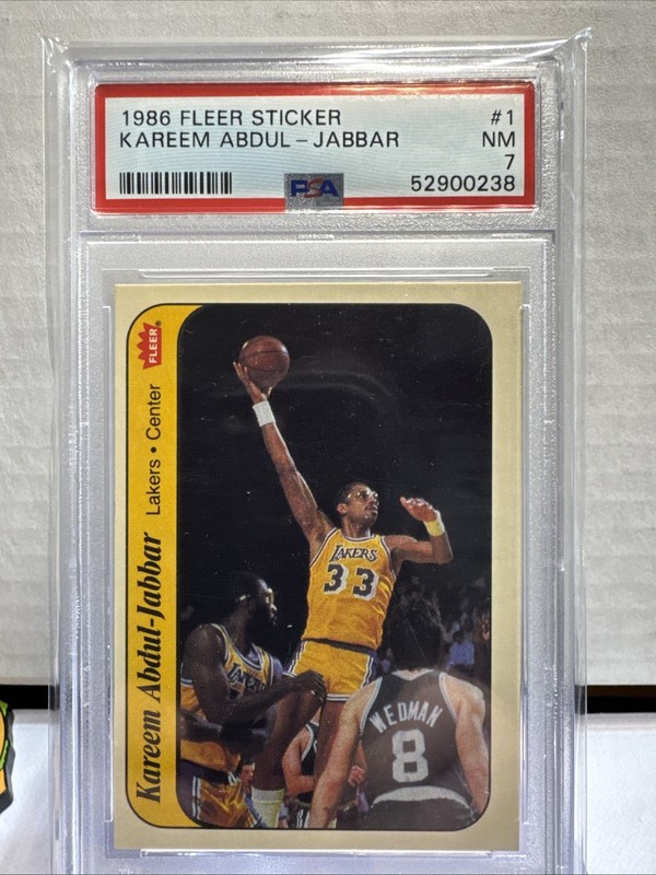 1986-87 FLEER STICKER #1 KAREEM ABDUL-JABBAR RC LA LAKERS HOF PSA 7 NEAR MINT!