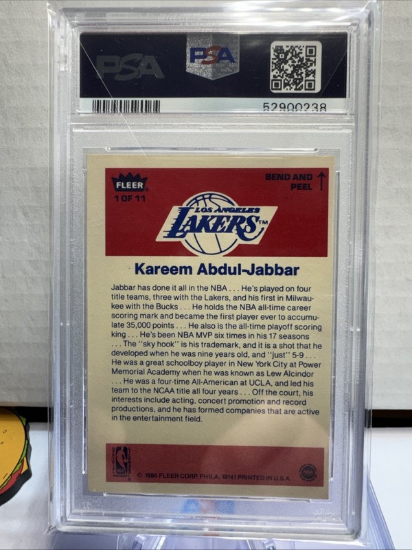 1986-87 FLEER STICKER #1 KAREEM ABDUL-JABBAR RC LA LAKERS HOF PSA 7 NEAR MINT! view 2
