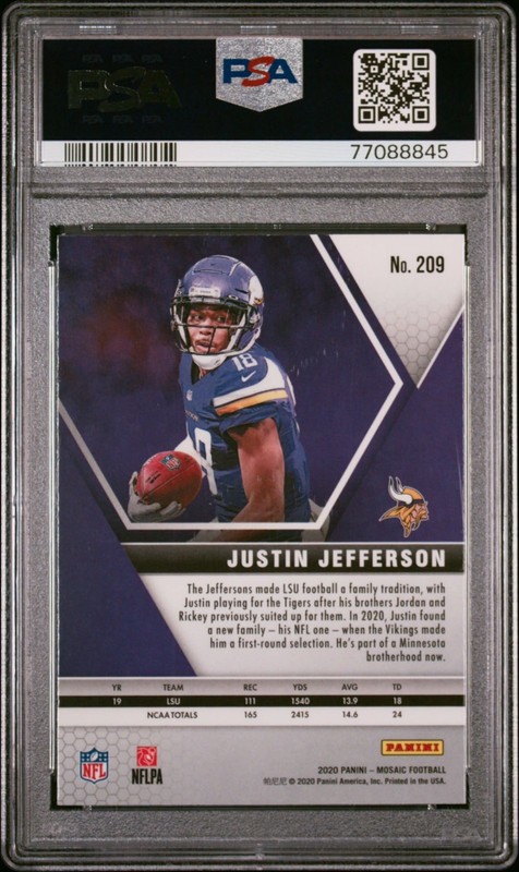 2020 PANINI MOSAIC #209 JUSTIN JEFFERSON ROOKIE RC PSA 10 BASE view 2