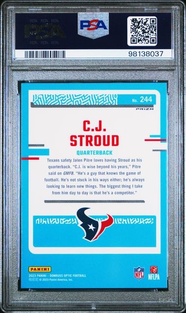 2023 PANINI DONRUSS OPTIC # 244 CJ STROUD GREEN VELOCITY ROOKIE PSA 10 Prizm view 2