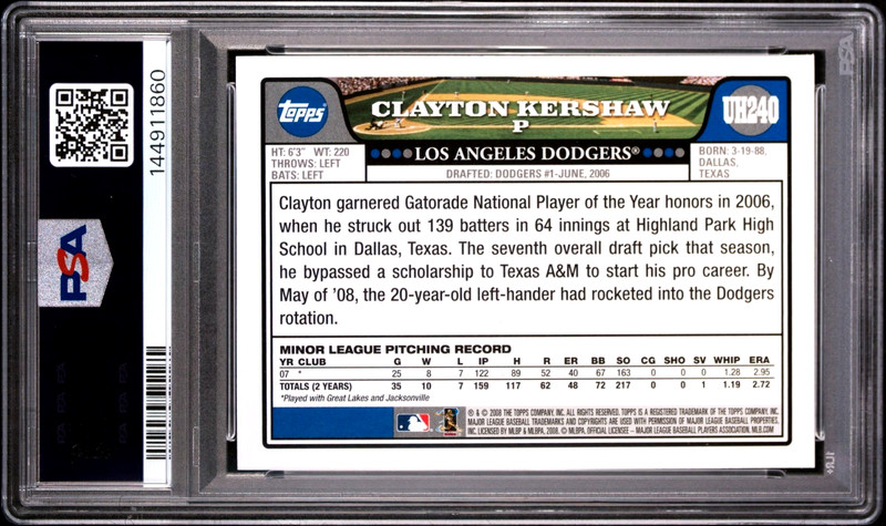 2008 TOPPS UPDATE & HIGHLIGHTS #UH240 CLAYTON KERSHAW - RC - PSA 10 GEM-MINT view 2