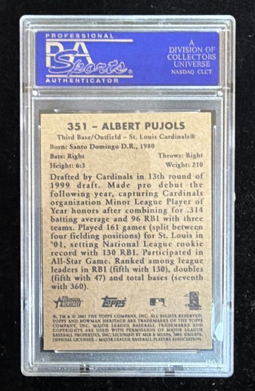 Albert Pujols 2001 Bowman Heritage #351 PSA 9 Mint Perfect Centering view 2