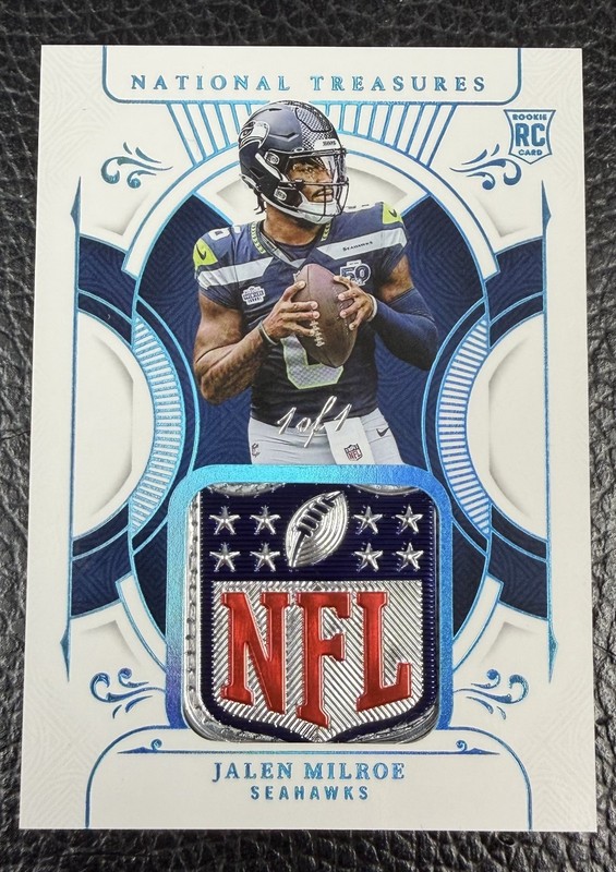 2025 National Treasures Jalen Milroe NFL Shield 1/1 Rookie Patch Seahawks