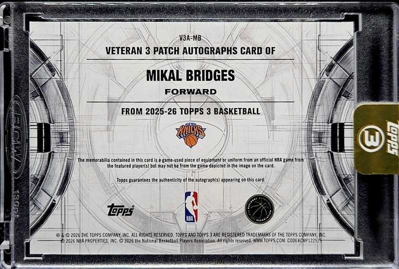 2025-26 Topps 3 Mikal Bridges Blue Veteran Patch On Card Auto /15 Knicks view 2