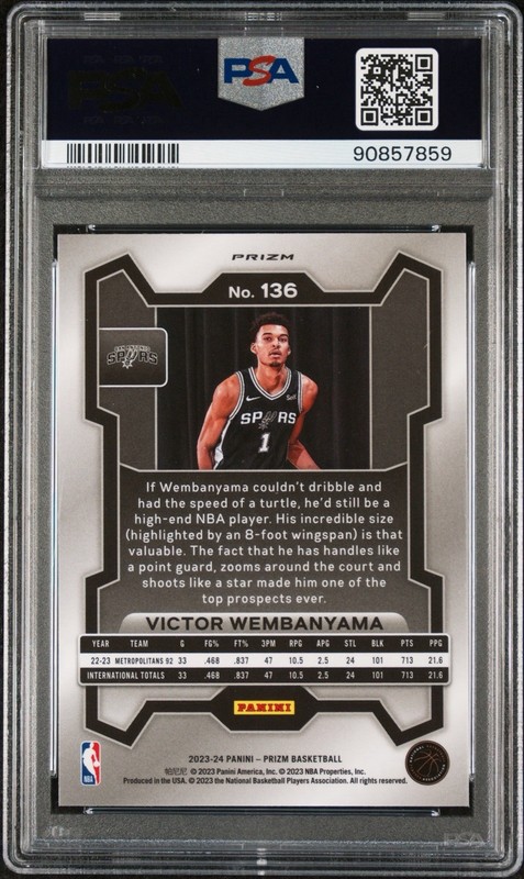 Victor Wembanyama 2023 Panini Prizm Rookie RC #136 Ice PSA 8 Spurs DPOY view 2