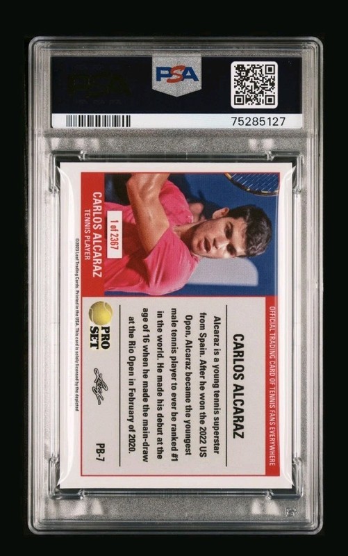 2023 Leaf Pro Set 1989 Carlos Alcaraz #PB7 PSA 9 Mint Rookie Card RC view 2
