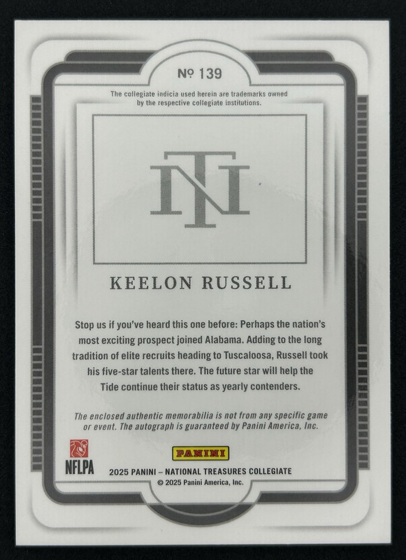 2025 National Treasures Collegiate KEELON RUSSELL Patch Auto RPA /25 Purple Bama view 2