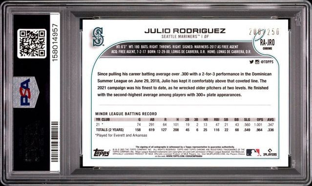 JULIO RODRIGUEZ 2022 TOPPS CHROME AUTO ROOKIE PURPLE REFRACTOR /250 PSA 9 MINT view 2