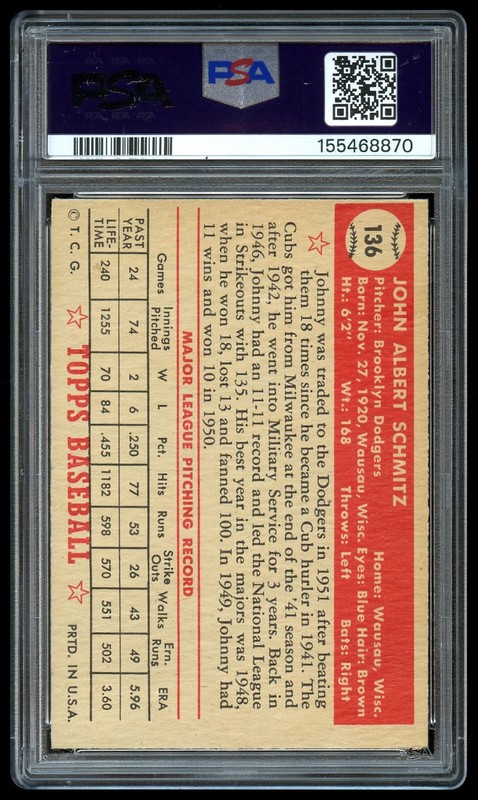 1952 Topps #136 Johnny Schmitz PSA 4 view 2