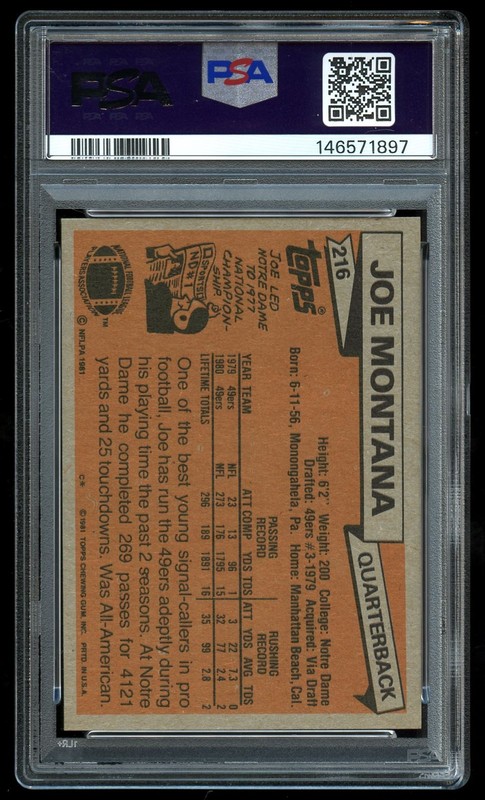 1981 Topps #216 Joe Montana PSA 7 Rookie view 2