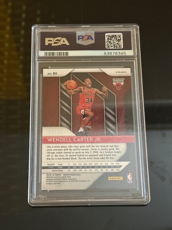 2018 Panini Prizm Wendell Carter Jr. #80 Orange Prizm /49 PSA 10 view 2