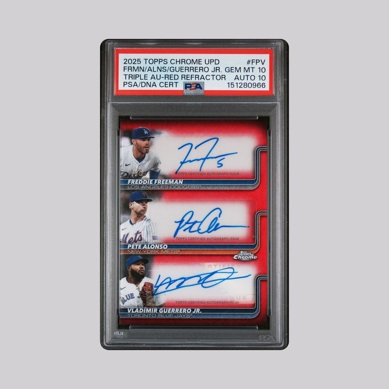 Chrome Update Red Triple Auto 1/5 PSA 10 Auto 10 - Freeman, Alonso, Guerrero  Jr