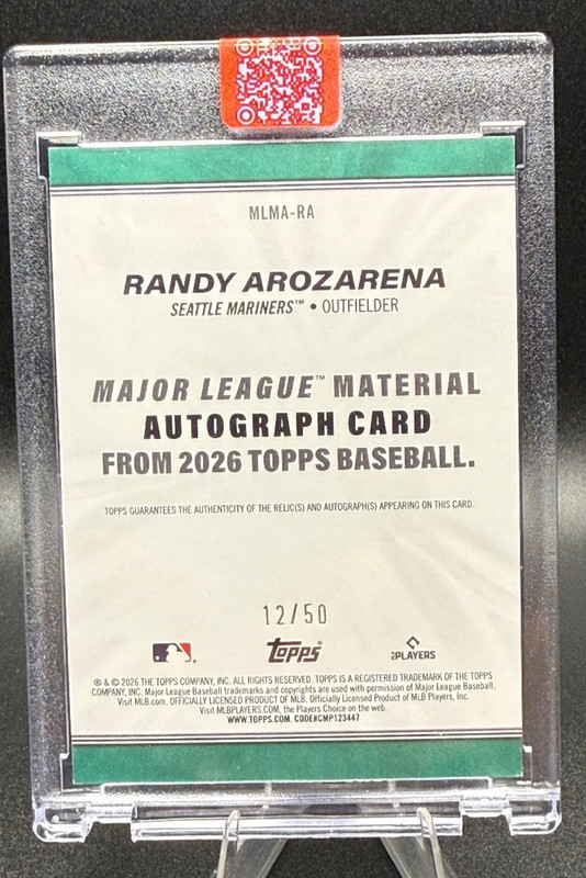 Randy Arozarena Auto Patch Relic 2026 Topps Series 1 #/50. SEATTLE MARINERS view 2