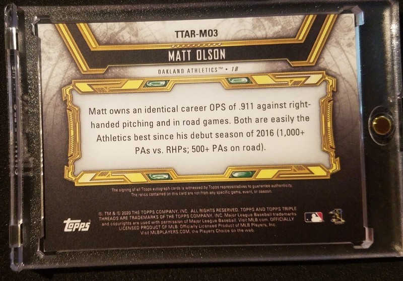 2020 TOPPS TRIPLE THREADS SAPPHIRE MATT OLSON OPS PATCH AUTO AUTOGRAPH 1/3 A'S view 2