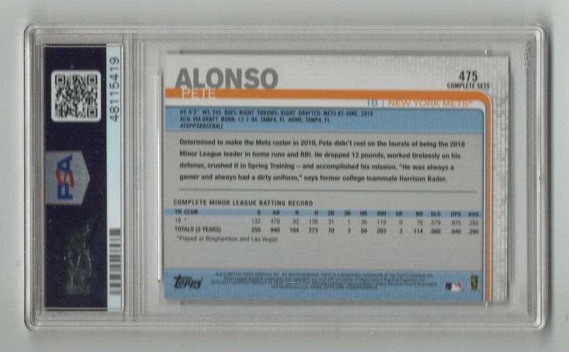 2019 Topps Complete  No Sock Showing * Rookie Card * Pete Alonso * #475 * PSA 10 view 2