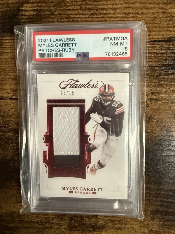2021 PANINI FLAWLESS MYLES GARRETT RUBY 2 COLOR GAME WORN PATCH  13/15 PSA 8