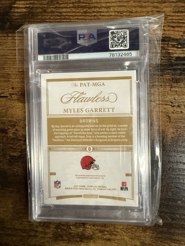 2021 PANINI FLAWLESS MYLES GARRETT RUBY 2 COLOR GAME WORN PATCH  13/15 PSA 8 view 2