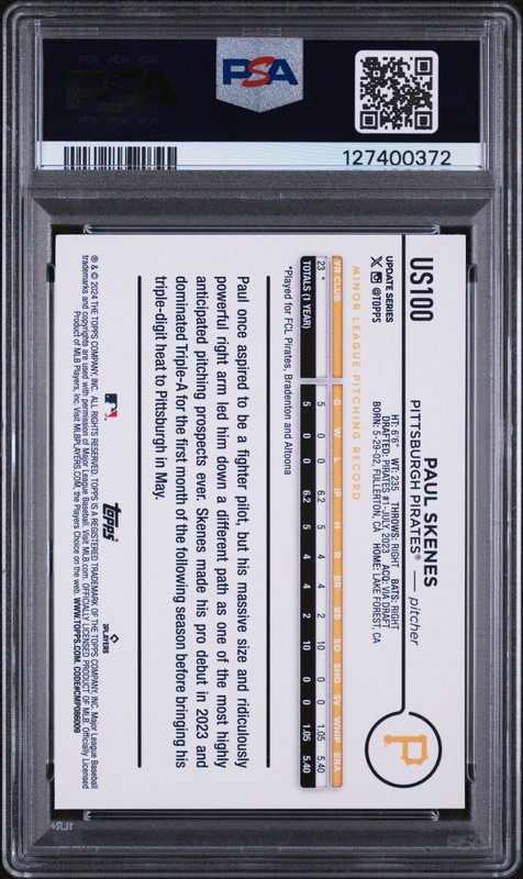 2024 Topps Update Gold Rainbow Foil #US100 Paul Skenes RC Rookie Mint PSA 9 view 2