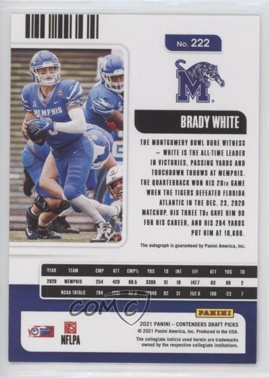 2021 Contenders Draft Picks College Ticket 22/49 Brady White Rookie Auto RC sc2 view 2