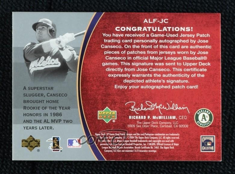 2004 SP Game Used Patch Legendary Fabrics 17/25 Jose Canseco #ALF-JC Auto 0oc8 view 2