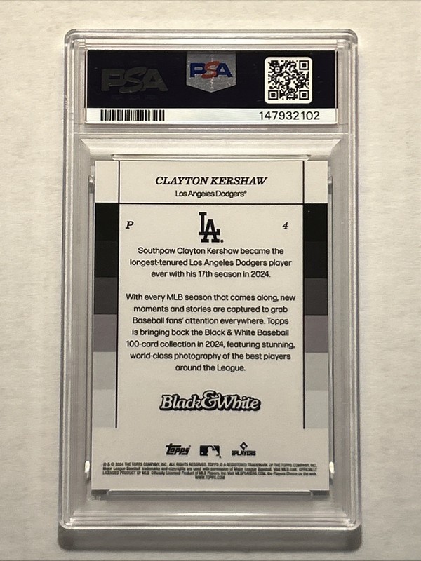 2024 Topps Black & White #4 Yellow /75 Clayton Kershaw PSA 10 view 2
