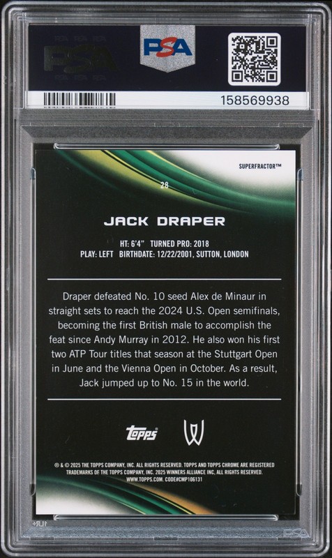 2025 Topps Chrome #28 Jack Draper Superfractor PSA 9 #/1 view 2