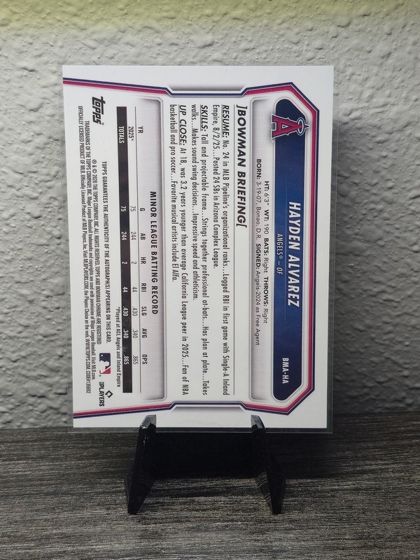 2026 Bowman Chrome Hayden Alvarez Purple Mojo Auto /199 Angels Prospect view 2