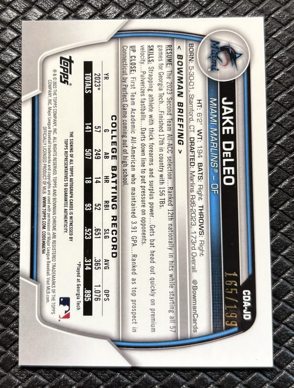 JAKE DELEO 2023 Bowman Chrome Aqua Ray Wave 1st Refractor Auto /199 Marlins RC view 2