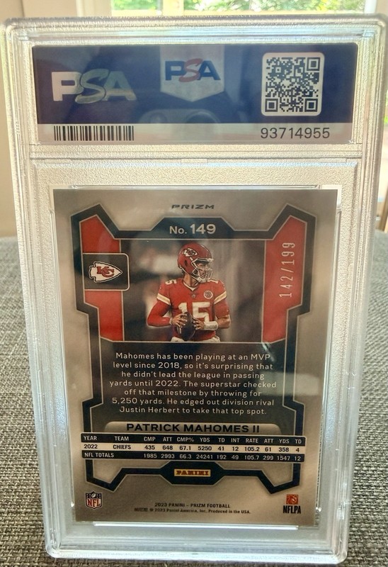 Panini 2023 Prizm Patrick Mahomes II #149 Blue Wave Prizm /199 Chiefs NFL PSA 9 view 2