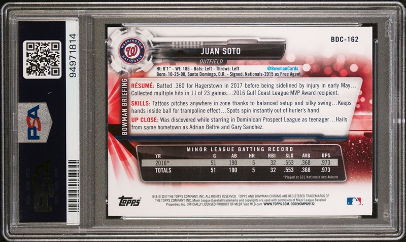 PSA 10 JUAN SOTO 2017 Bowman Chrome Draft Nationals/Mets Rookie Card RC GEM MINT view 2