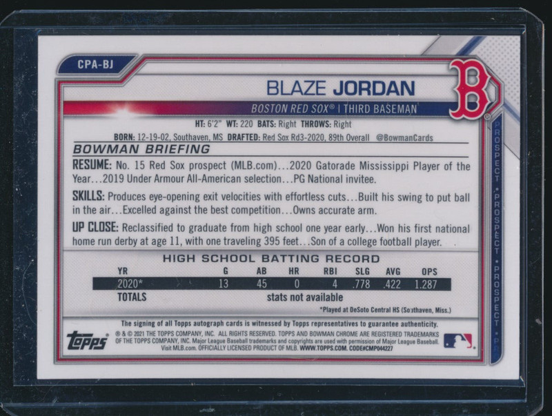 BLAZE JORDAN AUTO 1st 2021 Bowman Chrome Prospects Autograph Rookie Card RC view 2