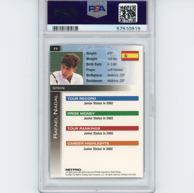 Graded 2003 Netpro RAFAEL NADAL #77 International Series Rookie Card PSA 10 Mint view 2