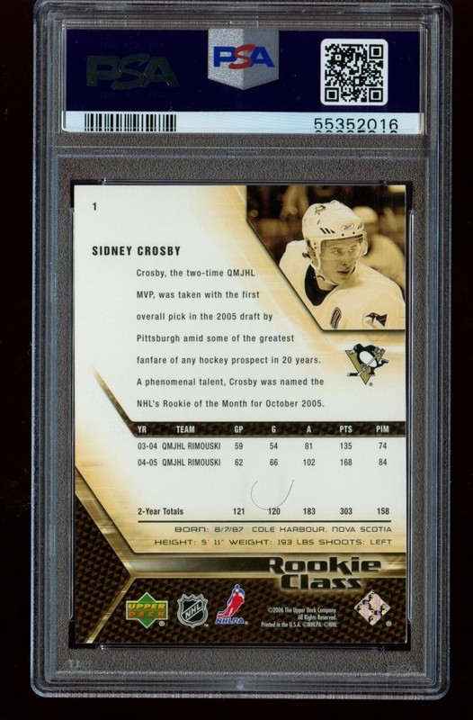2005-06 Upper Deck Sidney Crosby RC #1 Rookie Class PSA 9 Mint Penguins view 2