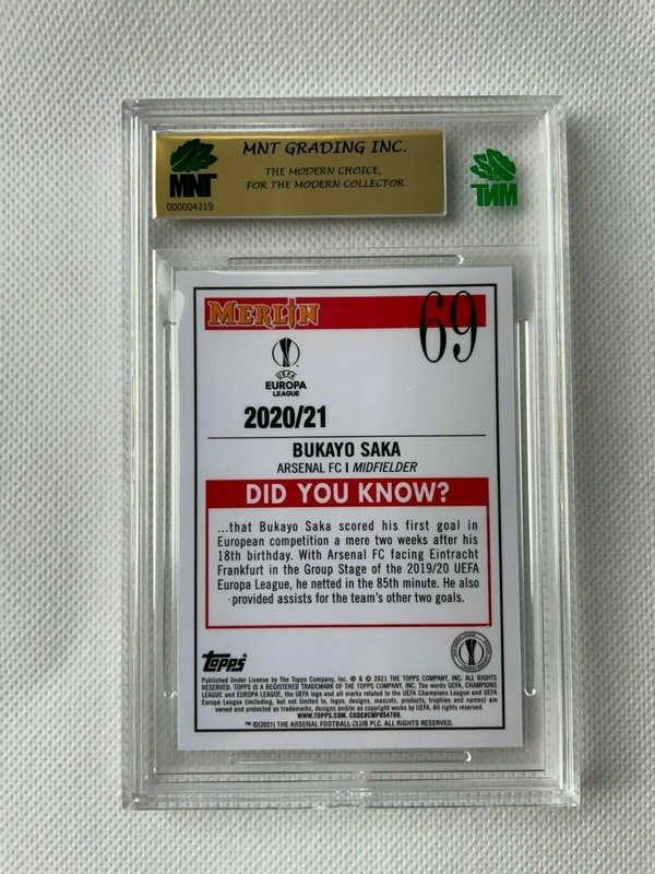 2020-21 Topps UEFA Merlin Chrome BUKAYO SAKA #69 MNT GEM 9.5 ARSENAL FC view 2
