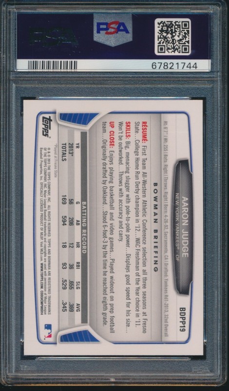 PSA 10 AARON JUDGE 2013 BOWMAN DRAFT PICKS NY Yankees Rookie Card RC GEM MINT view 2