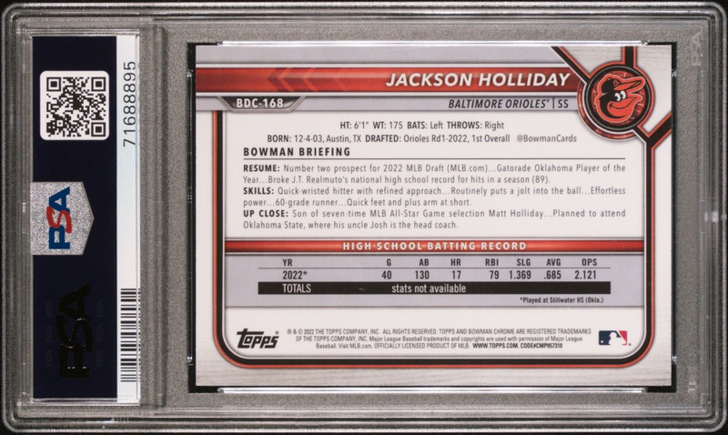 PSA 10 JACKSON HOLLIDAY 1st 2022 Bowman Chrome Draft ORIOLES Rookie RC GEM MINT view 2