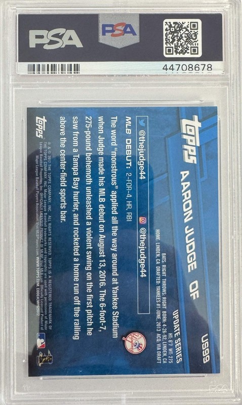 Graded 2017 Topps Update Aaron Judge #US99 Rookie Debut RC Card PSA 10 Gem Mint view 2