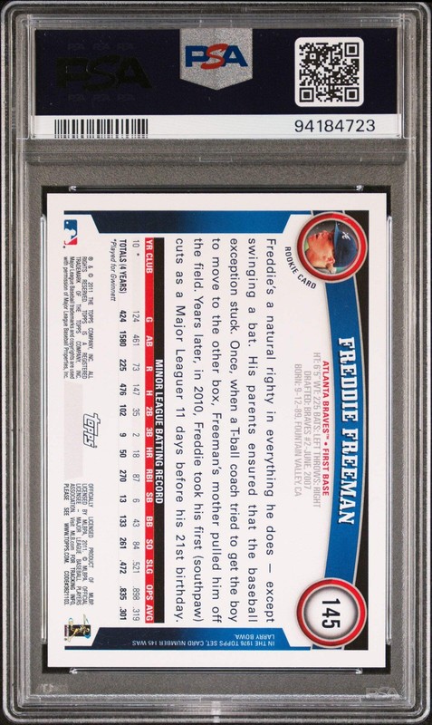Graded 2011 Topps Freddie Freeman #145 Rookie RC Baseball Card PSA 10 Gem Mint view 2