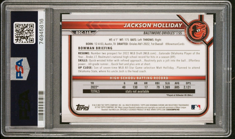 PSA 9 JACKSON HOLLIDAY 1st 2022 Bowman Chrome SAPPHIRE EDITION Rookie RC MINT view 2