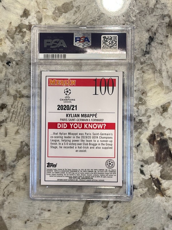 2020/21 Merlin Chrome UCL Kylian Mbappe PSA 10 view 2